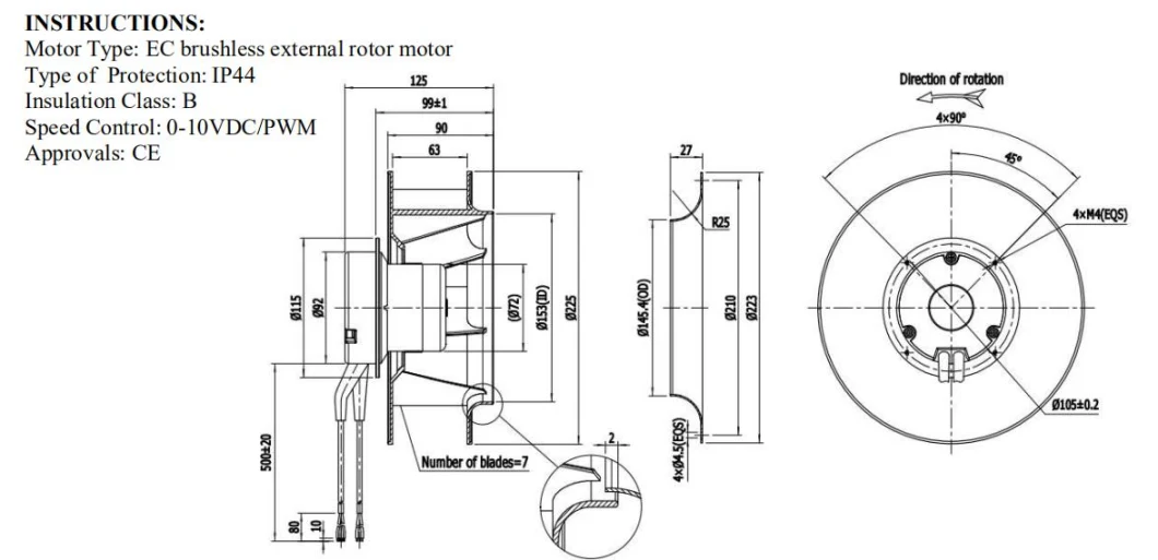 225*125mm Ec-AC Backward Curved Centrifugal Air System Fan